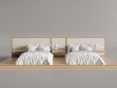 Modern Bedroom Background With Double Bed White Sheets And Wooden Headboard 3d model
