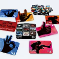 Colorful Themed Cards With Hand Gestures Graphics Numbers And Diverse Shapes