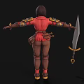 Woman Warrior in Red Outfit with Gold Armor Accents and Arms Outstretched Holding Sword