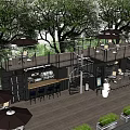 Container Building Outdoor Terrace with Trees Tables Chairs Staircase and Plants