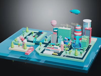 Colorful Architectural 3D Model Cityscape With Hot Air Balloon Airship Trees And Cars 3d model