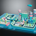 Colorful Architectural 3D Model Cityscape With Hot Air Balloon Airship Trees And Cars