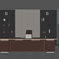 Modern Red Office Desk Workspace With Bookshelves Decorative Items And Red Chair