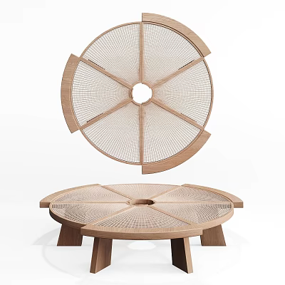 Wooden Round Coffee Table With Latticed Layered Structure Modern Minimalist Design 3d model