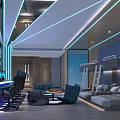 Modern Gaming Room With Large Screen Multiple Computers Gaming Chairs Bunk Bed Sofa Blue Lighting 3d model