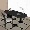 Round Gray Home Desk With Notebook Vase Plant Chair Window Blinds And Patterned Rug