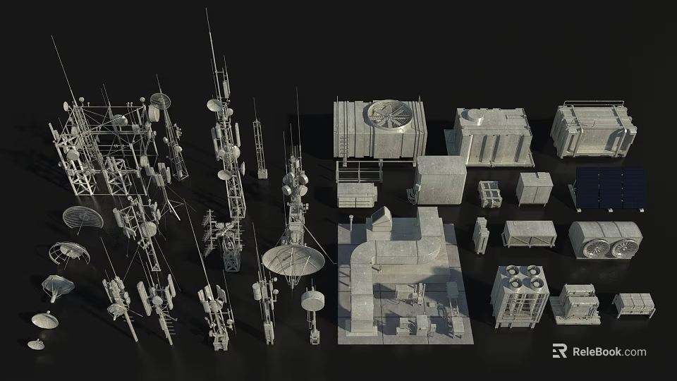 Collection of Various Industrial Communication Equipment Models with Antennas Towers and Satellite Dishes 3d model 