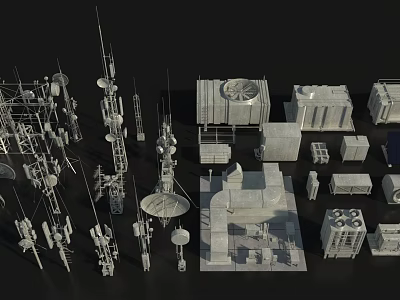 Collection of Various Industrial Communication Equipment Models with Antennas Towers and Satellite Dishes 3d model
