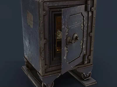 Antique Metal Safe With Open Door Showing Money And Decorative Engravings 3d model