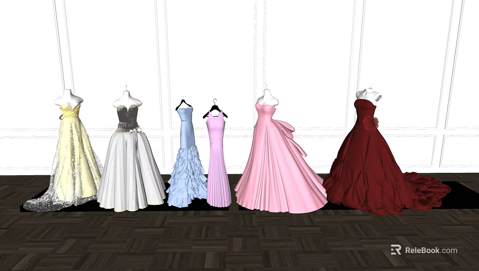 Elegant Strapless Evening Dresses In Various Colors With Ruffled Details On Mannequins 3d model 