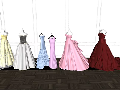 Elegant Strapless Evening Dresses In Various Colors With Ruffled Details On Mannequins 3d model