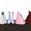 Elegant Strapless Evening Dresses In Various Colors With Ruffled Details On Mannequins