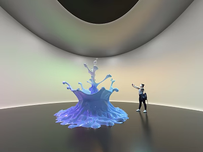 Blue Water Splash Shaped Art Installation With Visitor Interacting In Modern Gallery Space 3d model