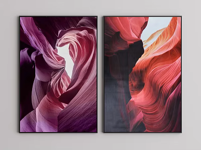 Pair of Abstract Paintings with Purple Pink Red Flowing Wavy Lines and Light Shadow Effects 3d model