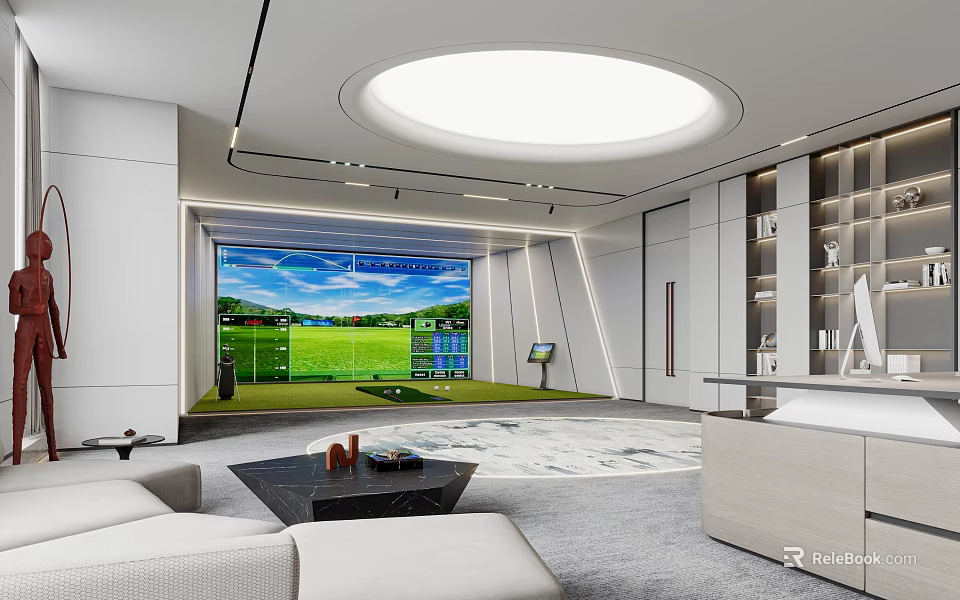 Modern Office Interior With Large Screen Golf Simulator Sofa And Coffee Table 3d model
