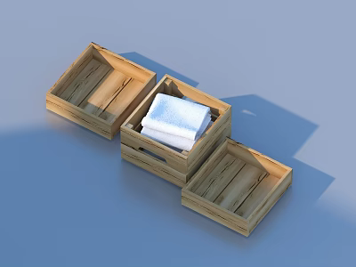 Three Open Wooden Storage Boxes With Folded White Towels Inside 3d model