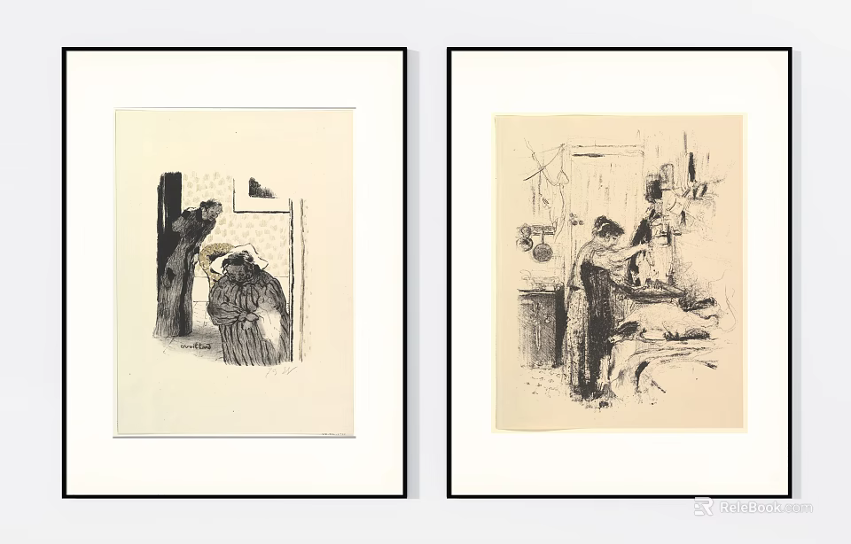 Framed Vintage Figure Drawings Depicting People In Interior Scenes And Daily Activities 3d model 