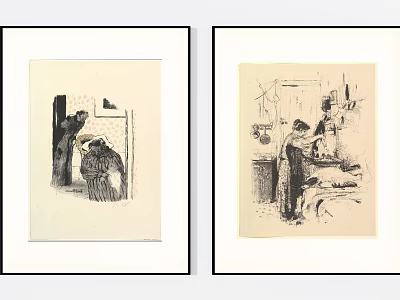 Framed Vintage Figure Drawings Depicting People In Interior Scenes And Daily Activities 3d model