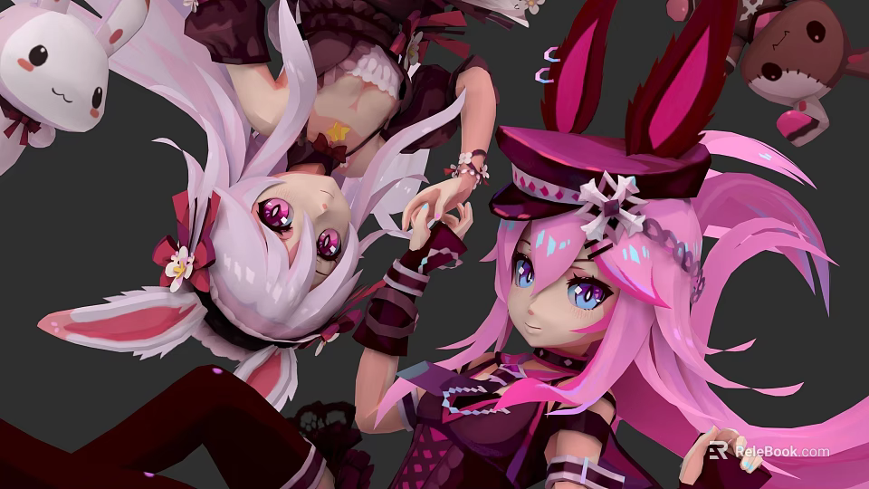 Game And Movie Characters Pink Haired With Rabbit Ears Lace Outfits Hats And Flower Bows 3d model 