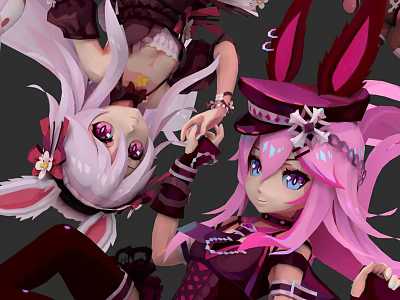 Game And Movie Characters Pink Haired With Rabbit Ears Lace Outfits Hats And Flower Bows 3d model