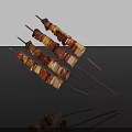 Colorful Grilled Meat And Vegetable Skewers On Black Background With Charred Edges