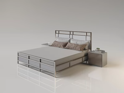 Modern Double Bed Interior With Metal Headboard Storage Drawers And Nightstand 3d model