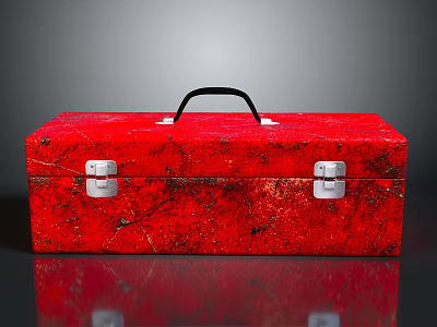 Red Textured Toolbox With Black Handle And Silver Latches On Shiny Surface 3d model