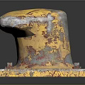 Industrial Rusted Yellow Bollard Component With Peeling Paint And Square Base