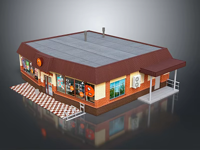 Cartoon Storefront Scene With Gray Roof Brown Awning Red Brick Walls Checkerboard Floor And Windows 3d model