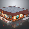Cartoon Storefront Scene With Gray Roof Brown Awning Red Brick Walls Checkerboard Floor And Windows