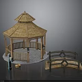 Wooden Gazebo With Hexagonal Roof Railing And Surrounding Decorative Bridge On Gravel Ground