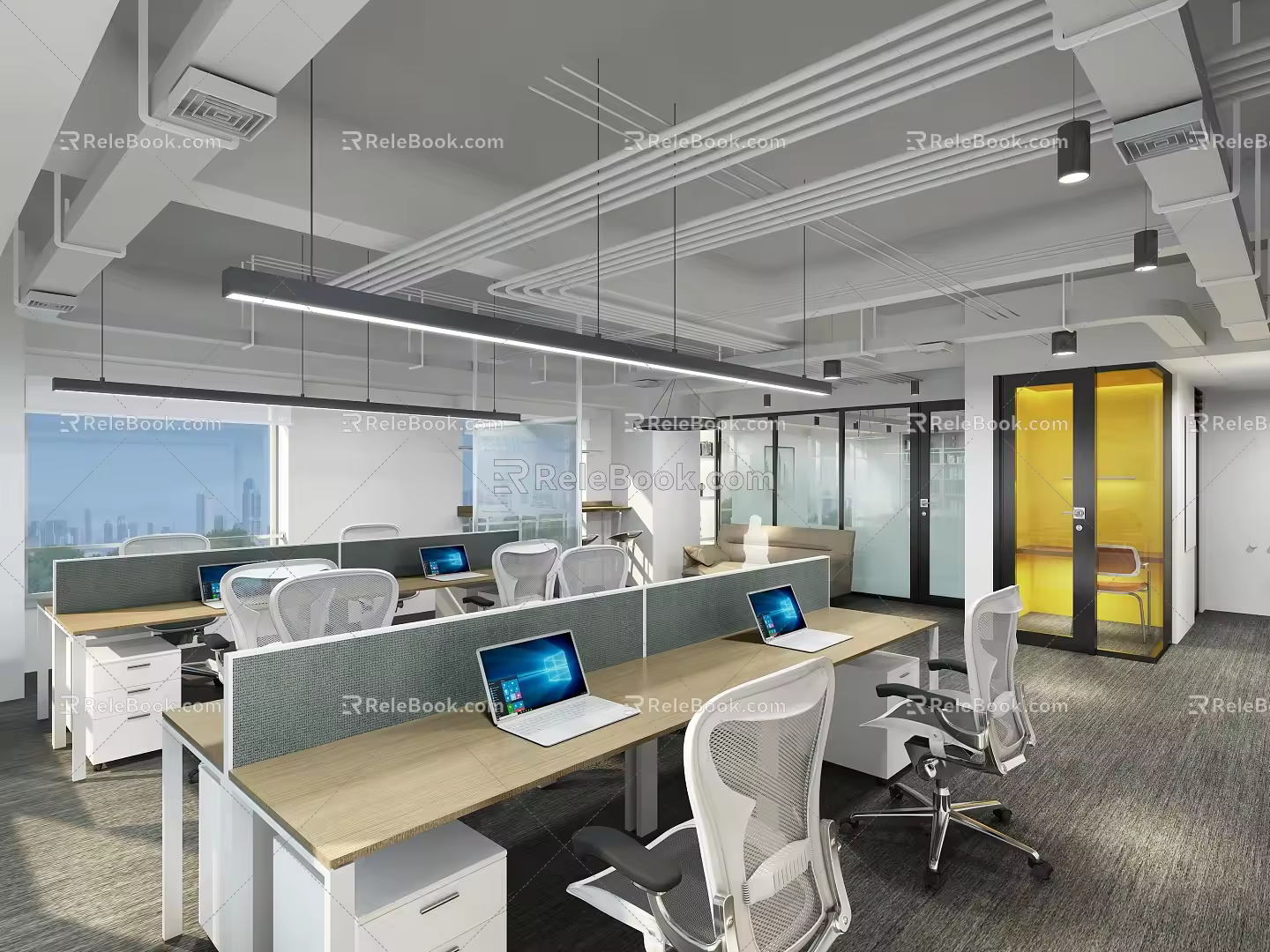 Open work area of modern public office area 3d model