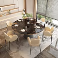 Elegant Modern Restaurant Interior With Round Marble Dining Table And Beige Chairs 3d model