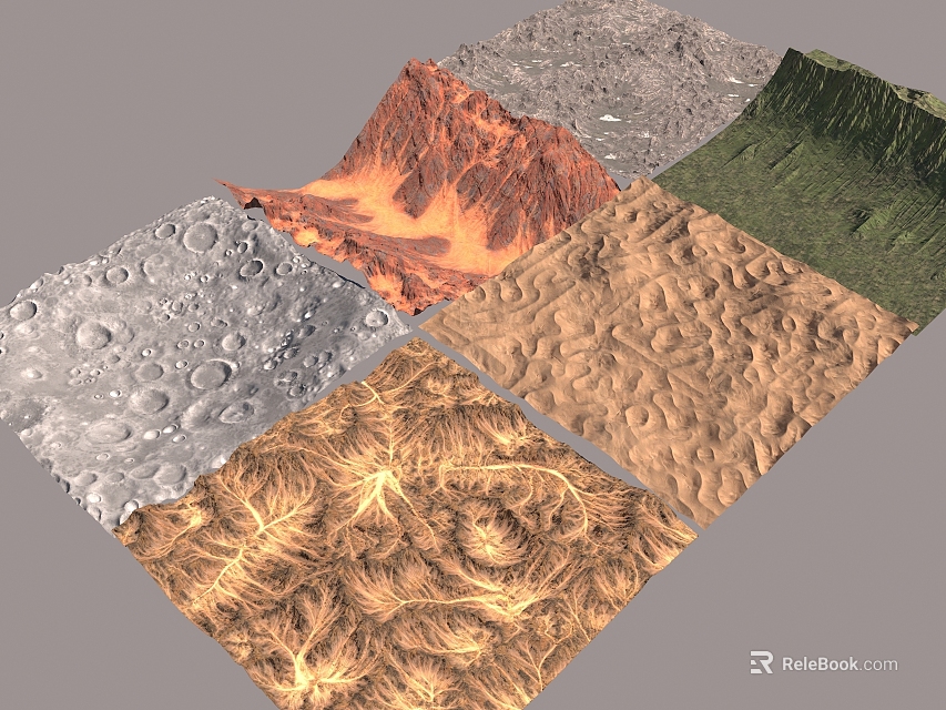 Diverse Planetary Terrain Surface Samples Featuring Lunar Mountain Desert And Grass Textures 3d model 