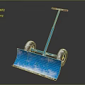 Blue Snow Shovel With Wheels And Snow On Blade For Winter Snow Removal Equipment