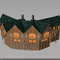 Traditional Wooden Building With Green Roof Two Chimneys And Exterior Wooden Walls