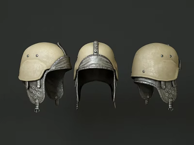 Three Medieval Helmets Featuring Leather Metal Riveted Details Side by Side 3d model