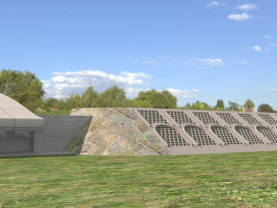 Road Infrastructure Featuring Stone Wall With Geometric Perforated Design Amid Green Vegetation And Lawn 3d model