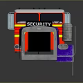Red And Blue Security Truck With Yellow Stripes And Front Plow Design