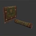 Green And Brown Decorative Mat With Ornate Patterns And Rolled Scroll