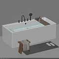White Freestanding Bathtub With Black Faucet Showerhead Wooden Tray Toiletries Wooden Stool Towel And Slippers