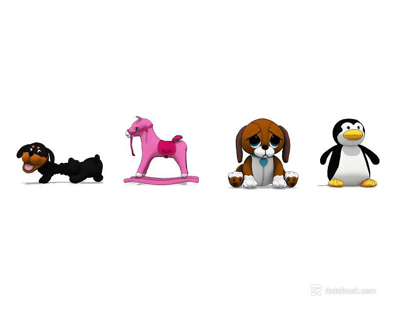 Assorted Cute Stuffed Animal Toys Including Black Puppy Pink Rocking Horse Brown Dog And Penguin 3d model 