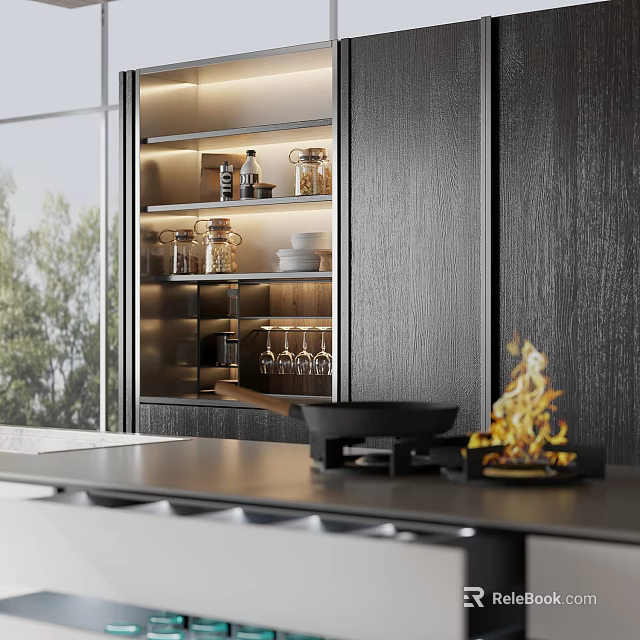Modern Kitchen With Dark Wood Cabinetry Open Shelving Glassware Frying Pan Flame And Green Trees 3d model 