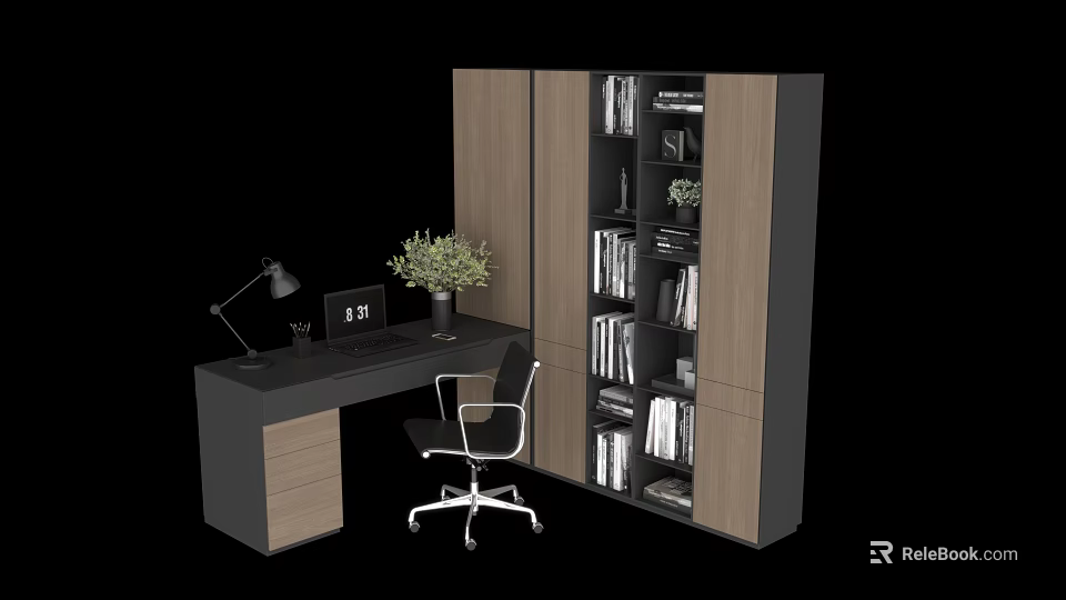 Modern Office Desk With Desk Lamp Laptop Potted Plant Clock And Tall Bookshelf With Books 3d model 