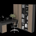 Modern Office Desk With Desk Lamp Laptop Potted Plant Clock And Tall Bookshelf With Books