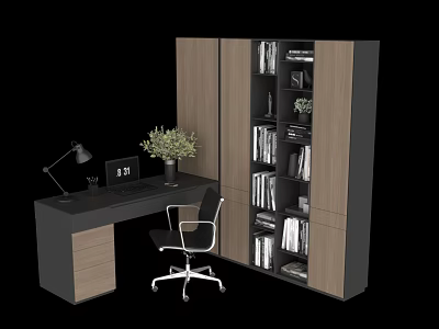 Modern Office Desk With Desk Lamp Laptop Potted Plant Clock And Tall Bookshelf With Books 3d model