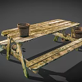 Outdoor Public Wooden Picnic Table with Clay Pots and Watering Can