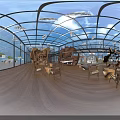 Aerial View of Modern Indoor Space With Glass Roof Hanging Cloud Decorations and Wooden Furniture