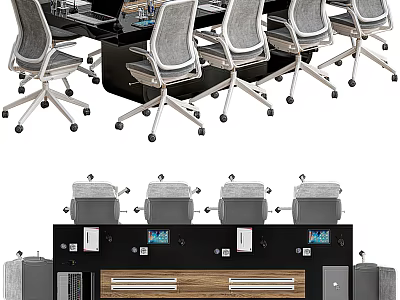 Modern Professional Conference Table With Ergonomic Chairs Integrated Screens And Wooden Accents 3d model