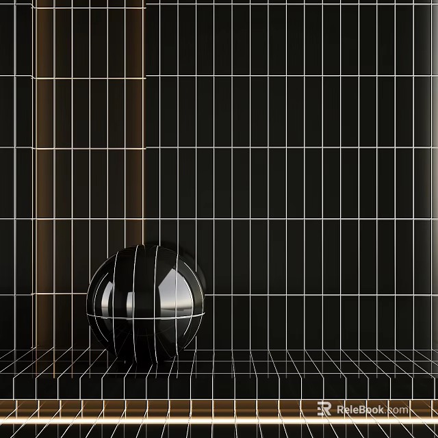 Glossy Black Sphere Placed On Grid Floor With Grid Wall Background 3d model